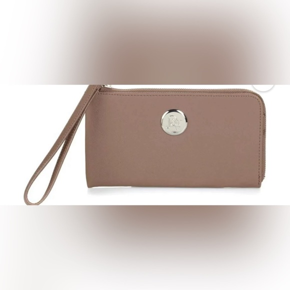 NWOT JOY Mangano Leather Wallet Wristlet With RFID Protection In Taupe - Picture 1 of 8
